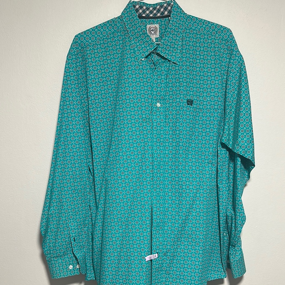 Cinch Teal Casual Button Down Shirt with Geometric Pattern